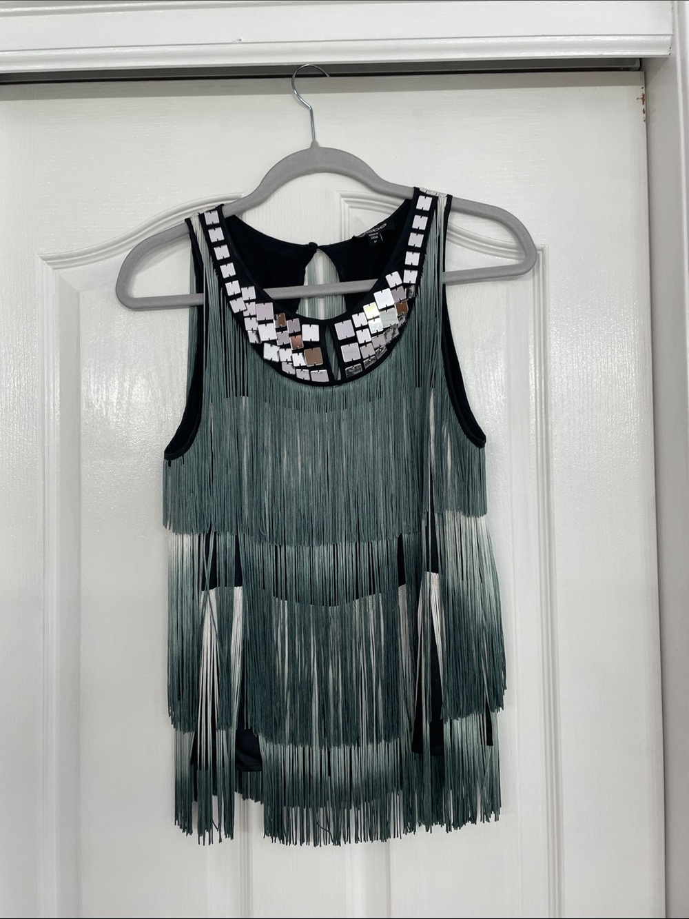 bebe Teal Fringe Tank Top with Mirrored Collar